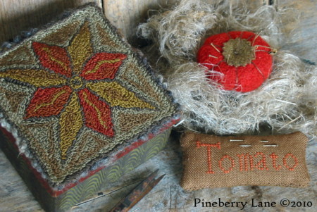 Tomato Garden Sewing Box PATTERN-fraktur, needle punch, pinkeep, pincushion, cross stitch