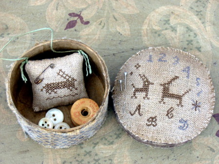 Two Hares Marking Sampler Sewing Box PATTERN-cross stitch, stitchery, sampler, sewing box, rabbit, bunny, pinkeep, pincushion